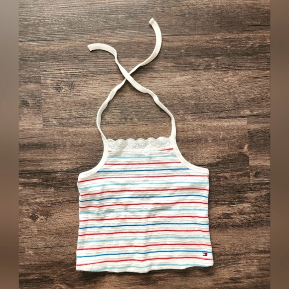 Tommy Hilfiger Red White And Blue Striped Halter Crop Top Shirt - Picture 1 of 5